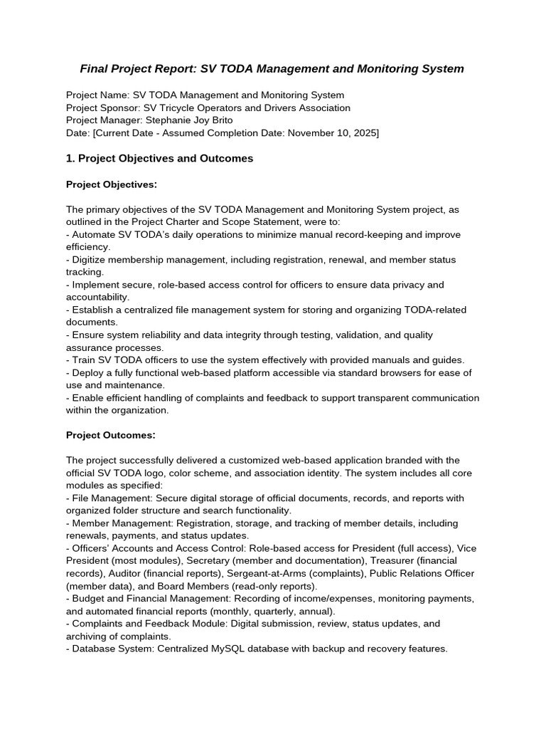 SV TODA Management System Report | PDF | Reliability Engineering | Risk