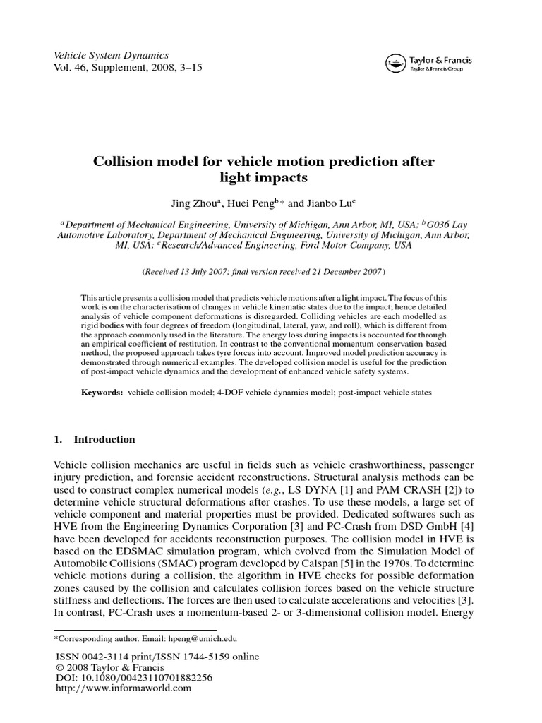 2008 Collision Model For Vehicle Motion Prediction After Light Impacts ...