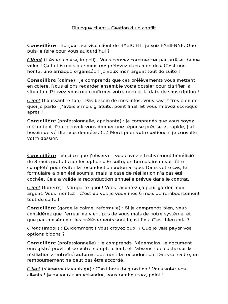 Gestion de conflit client BASIC FIT | PDF