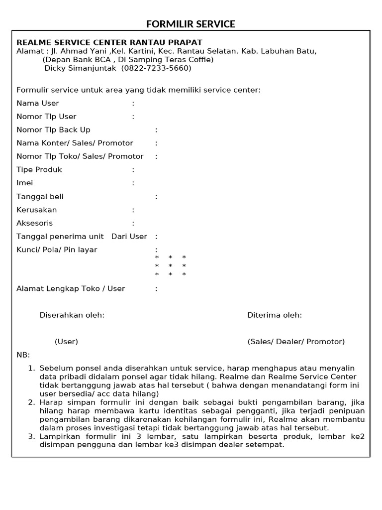 Formulir Service Realme Rantau Prapat | PDF