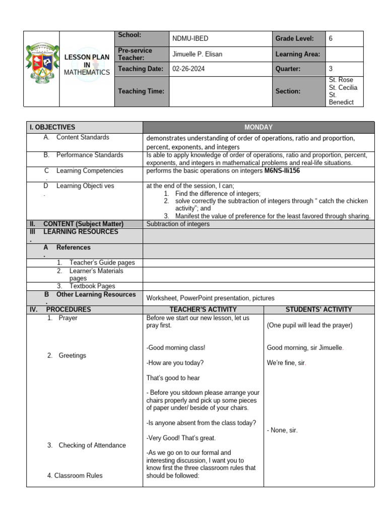6th Grade Math Lesson Plan: Subtraction | PDF | Subtraction | Arithmetic