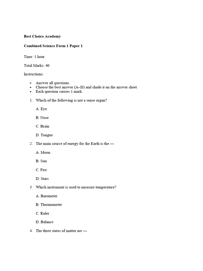 Combined Science Form 1 Exam Paper | PDF | Water | Oxygen