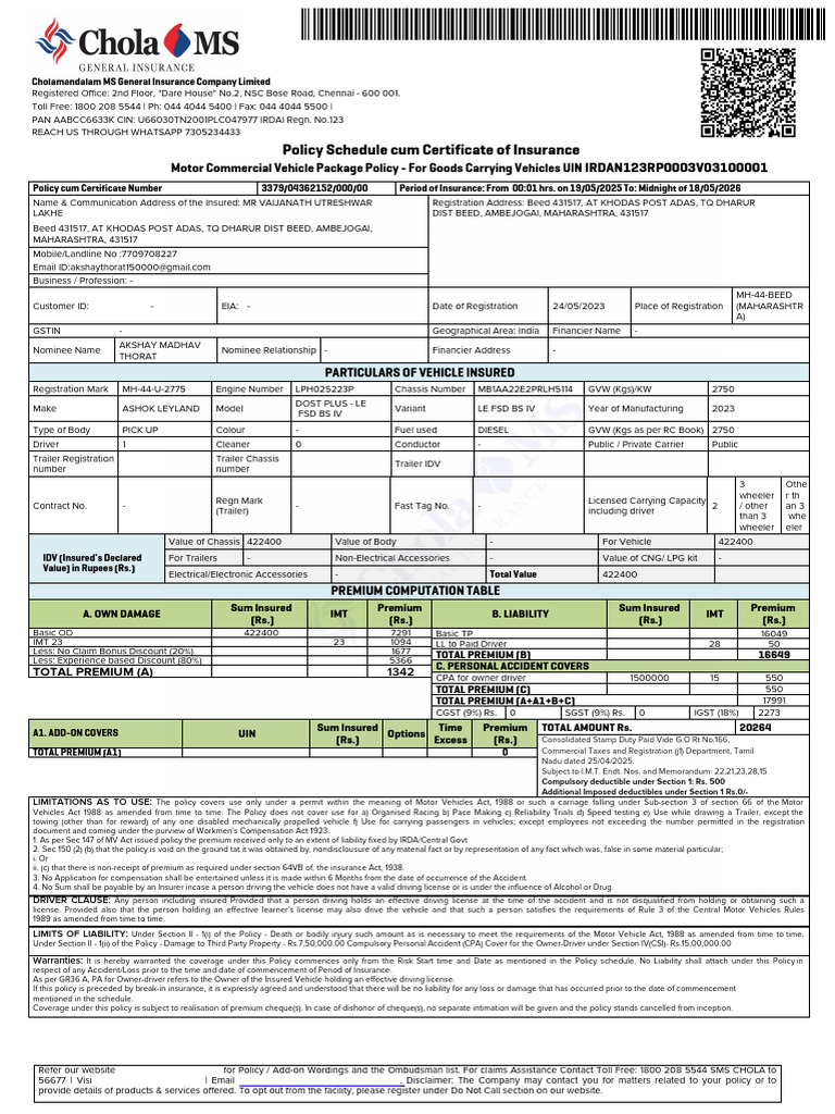 Cholamandalam MS Motor Insurance Policy | PDF | Insurance | Driving