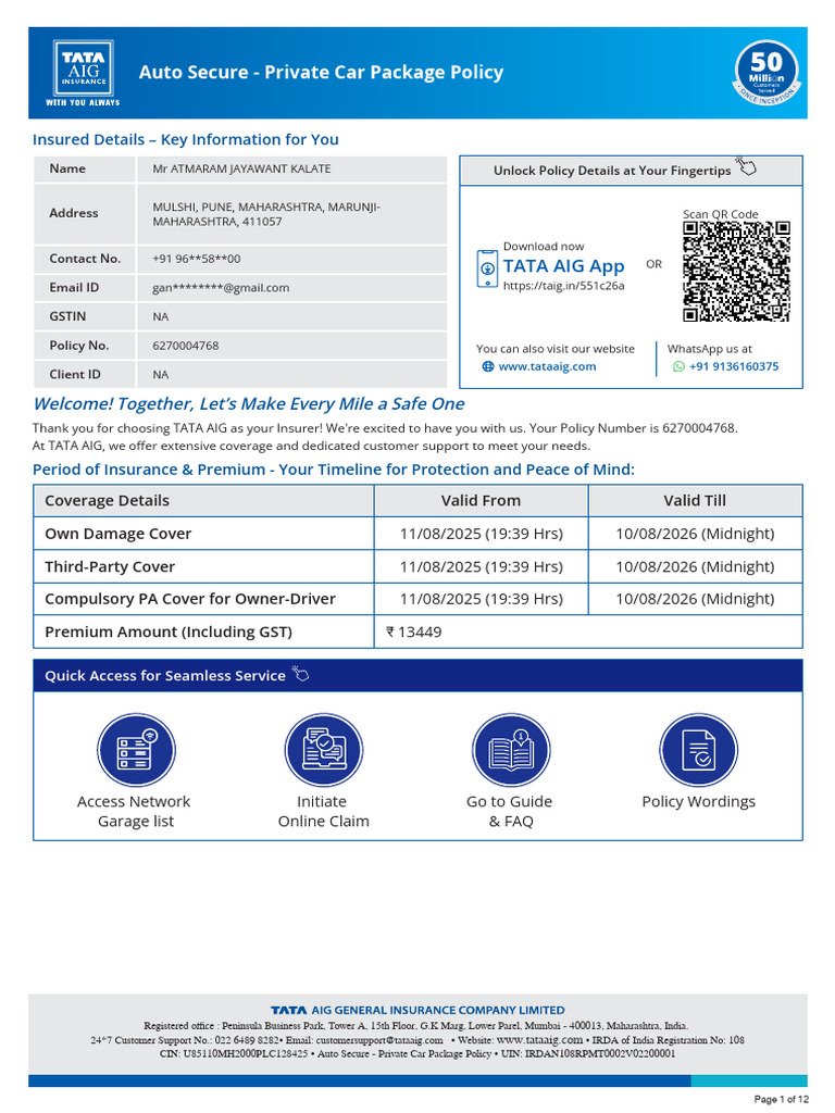 TATA AIG Auto Secure Car Insurance Policy | PDF | Insurance | Deductible