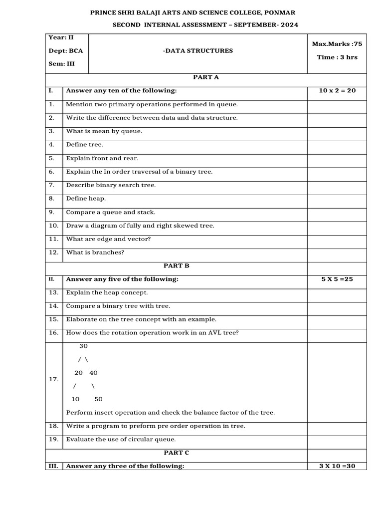 BCA Data Structures Assessment - Sept 2024 | PDF