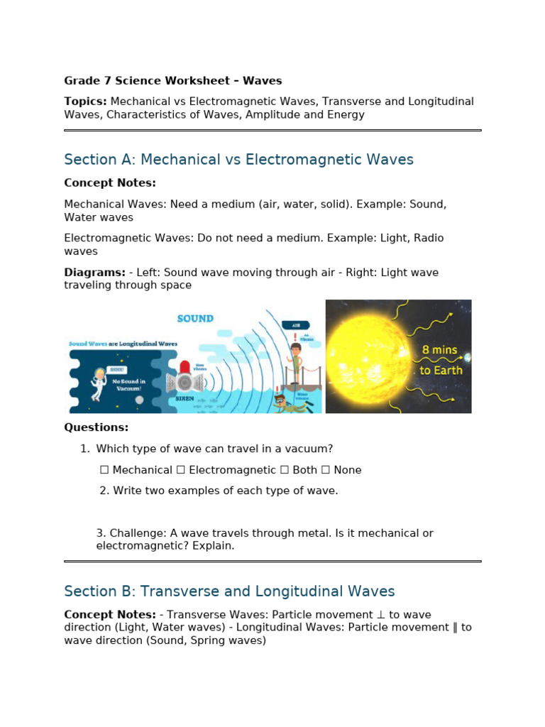 Grade 7 Waves Science Worksheet | PDF