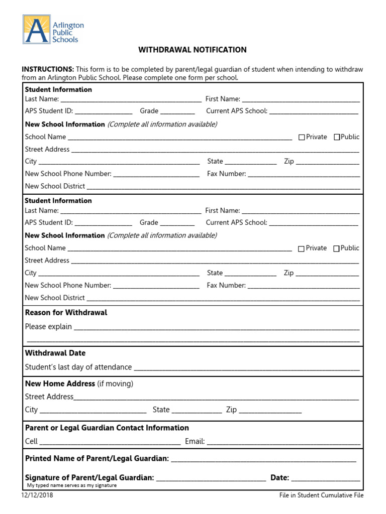 Arlington School Withdrawal Form | PDF