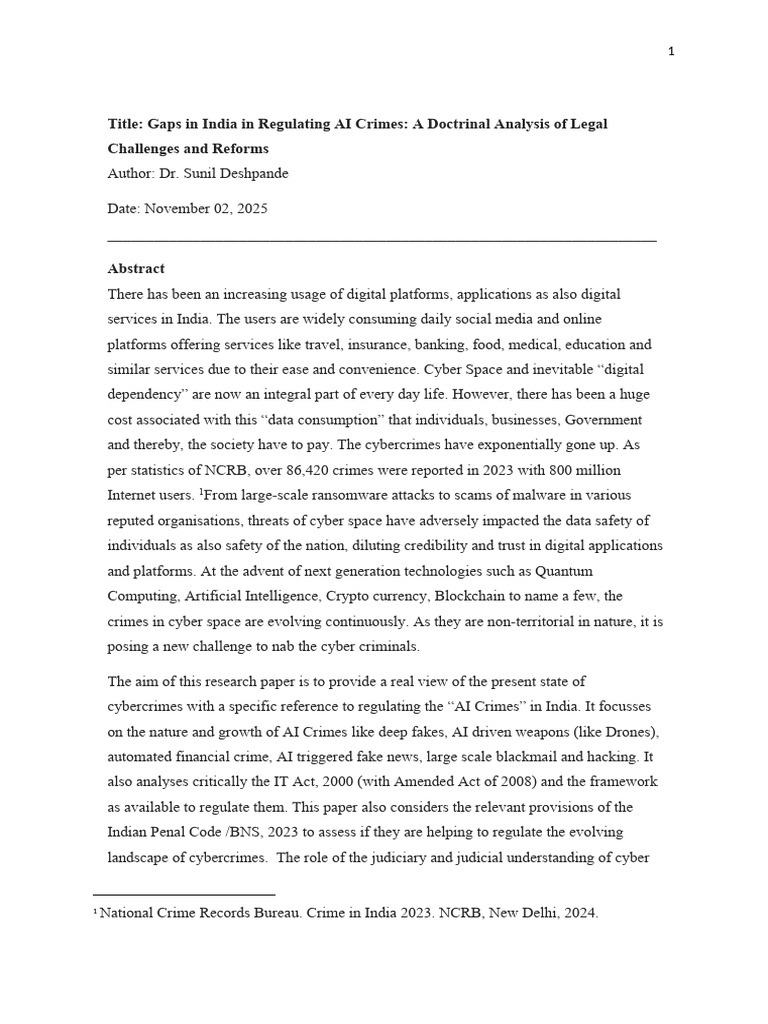 Regulating AI Crimes in India: Legal Gaps | PDF | Cybercrime ...