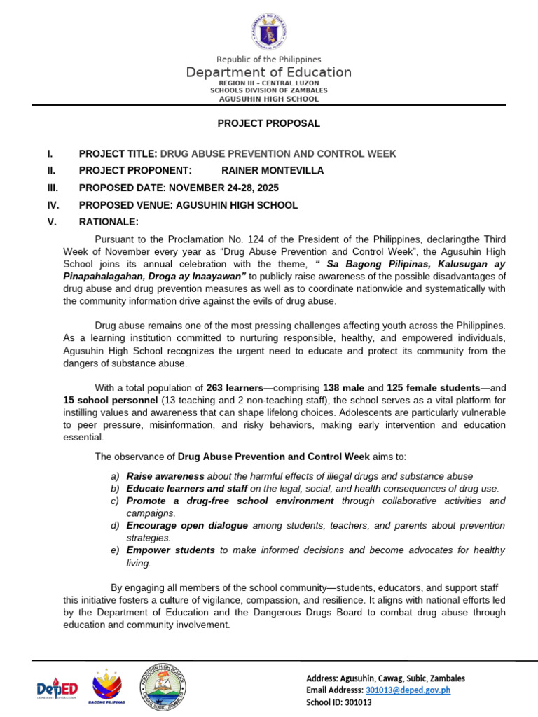 Drug Abuse Prevention Week Proposal | PDF | Substance Abuse