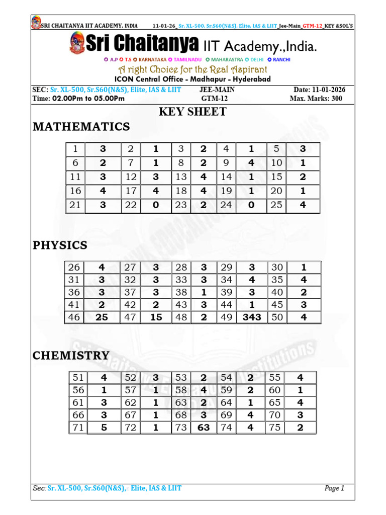 JEE Main Key Solutions - Sri Chaitanya | PDF | Acceleration | Electronvolt