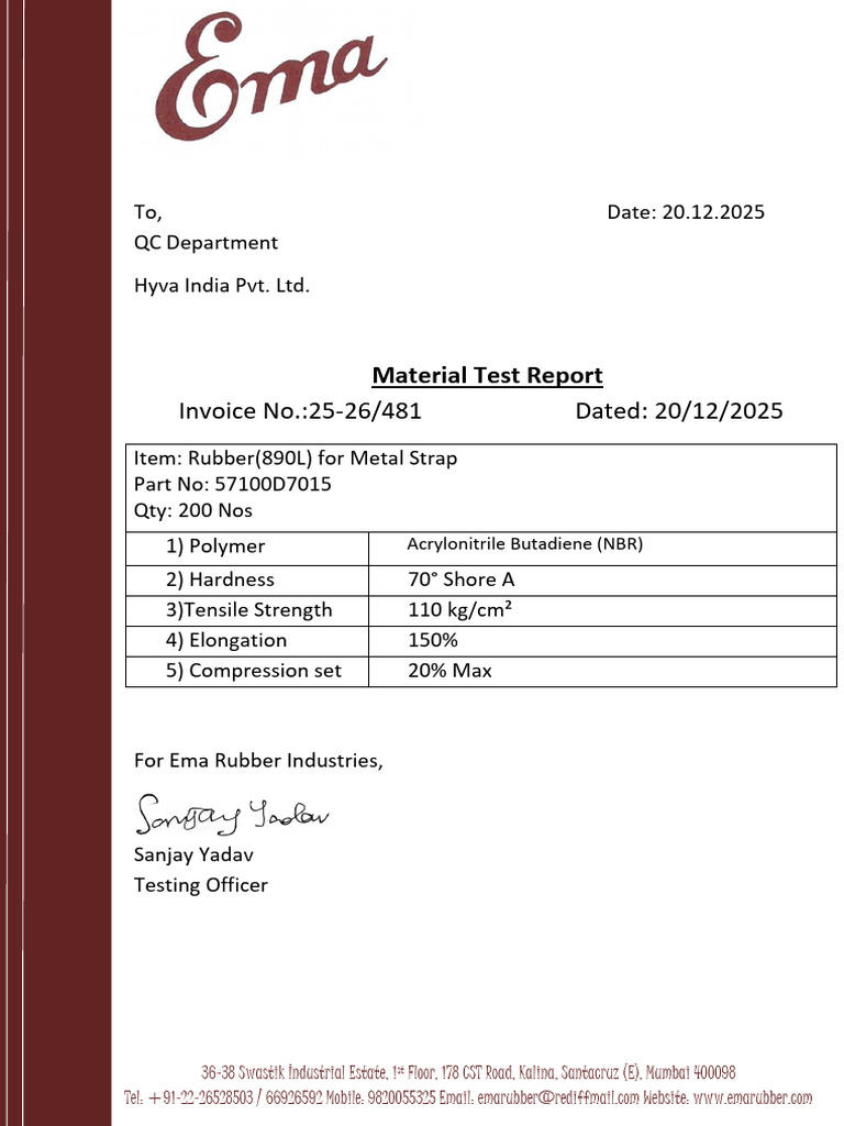 Material Test Report for Rubber Strap | PDF