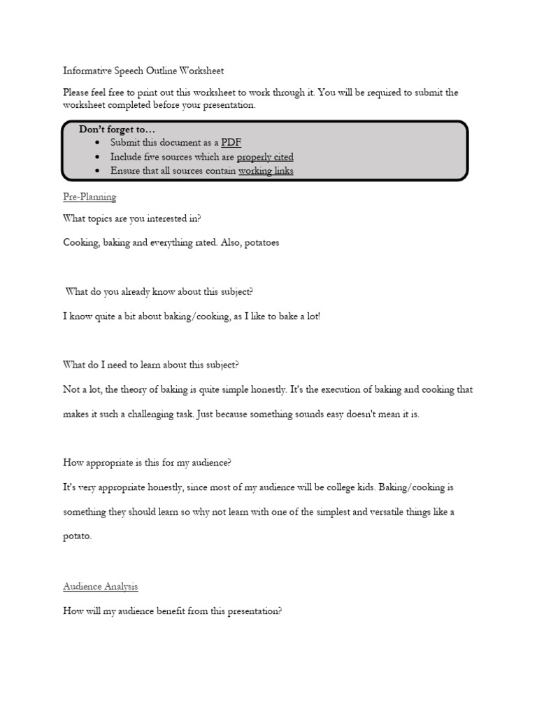 Informative Speech Outline Worksheet cc-1 | PDF | Potato | Meal
