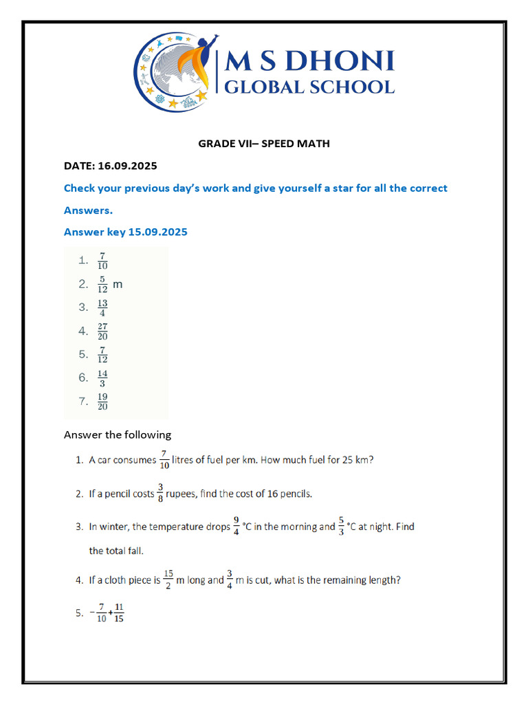 Grade Vii Speed Math DATE: 16.09.2025: Check Your Previous Day's Work ...