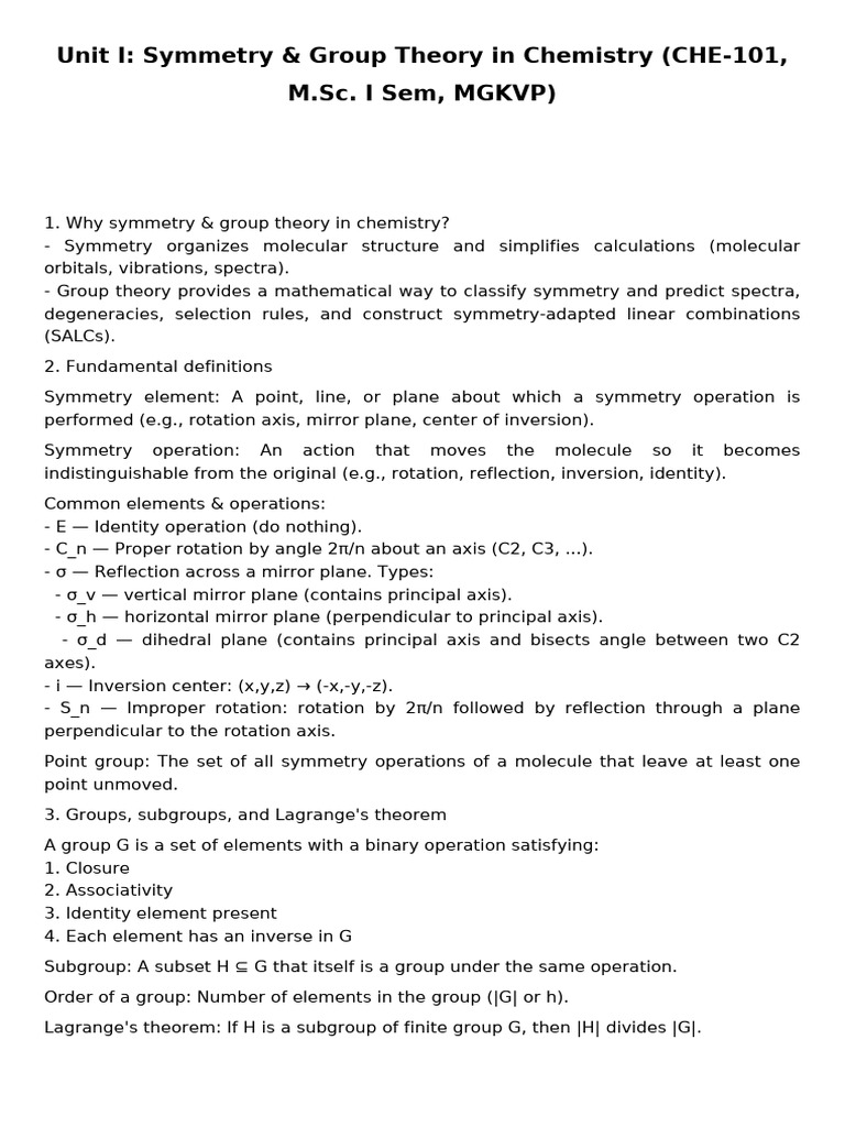 Unit I Symmetry Group Theory CHE101 MSC Long Formatted | PDF | Group ...