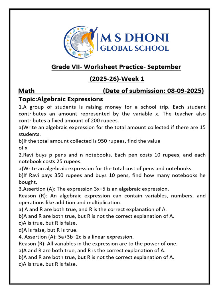 Grade VII-Worksheet Practice - September (2025-26) - Week 1 Math (Date ...