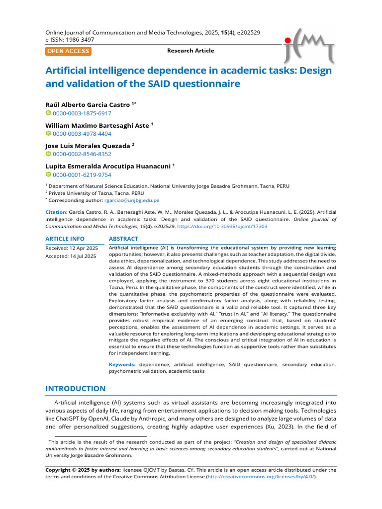 AI Dependence in Education: SAID Questionnaire | PDF | Artificial ...