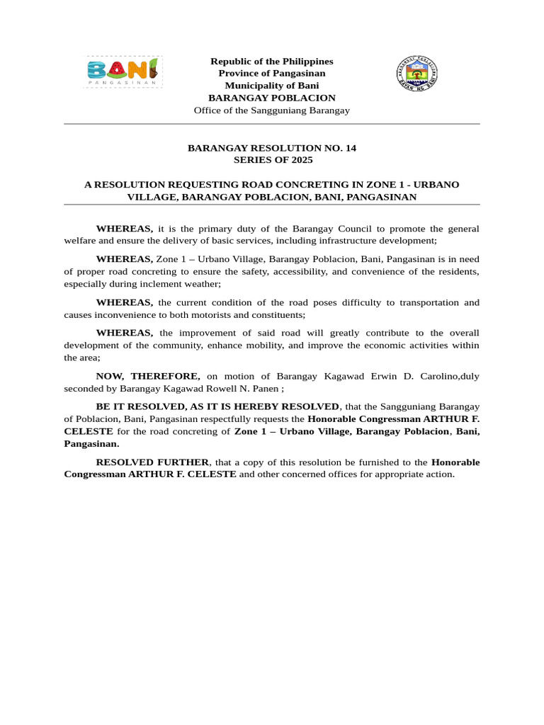 Road Concreting Resolution for Urbano Village | PDF