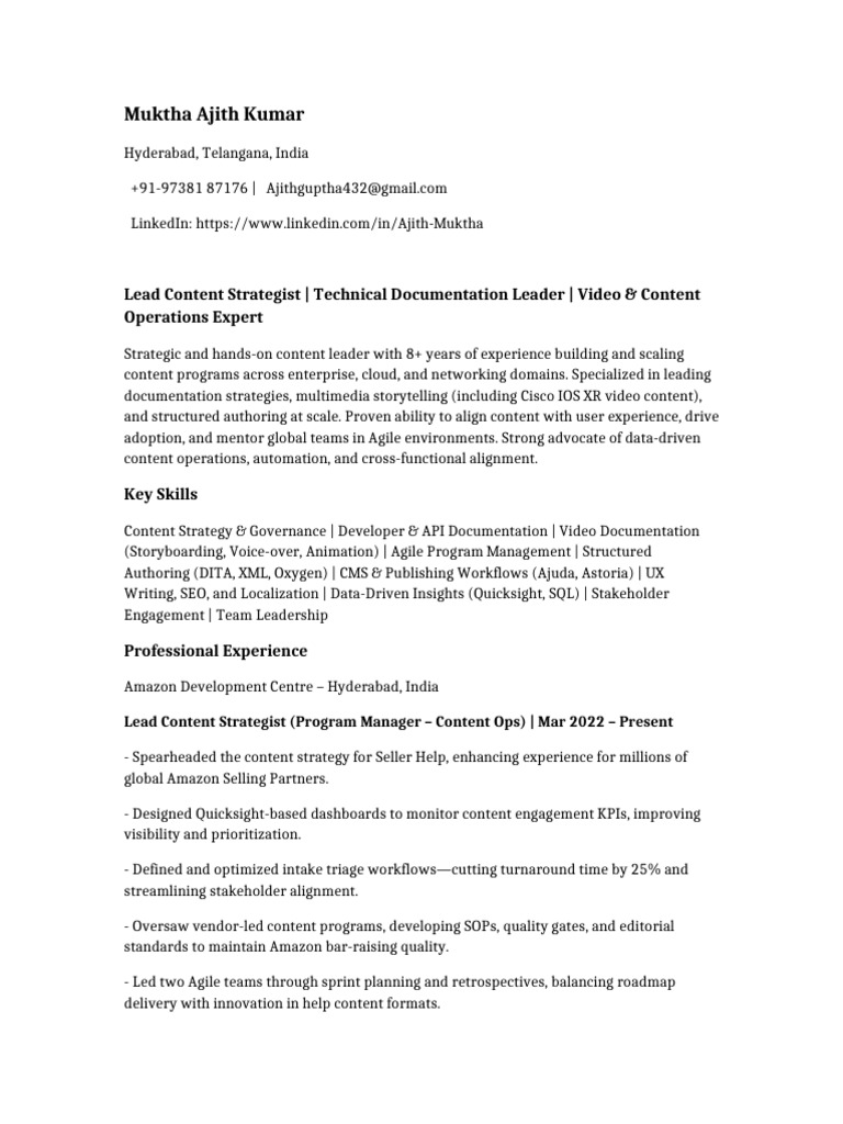 Lead Content Strategist Ajith Kumar | PDF | Agile Software Development ...
