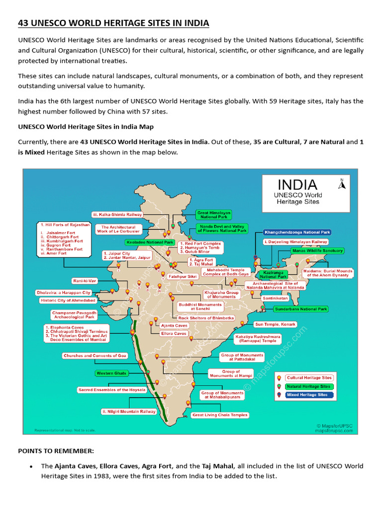 43 UNESCO World Heritage Sites in India | PDF