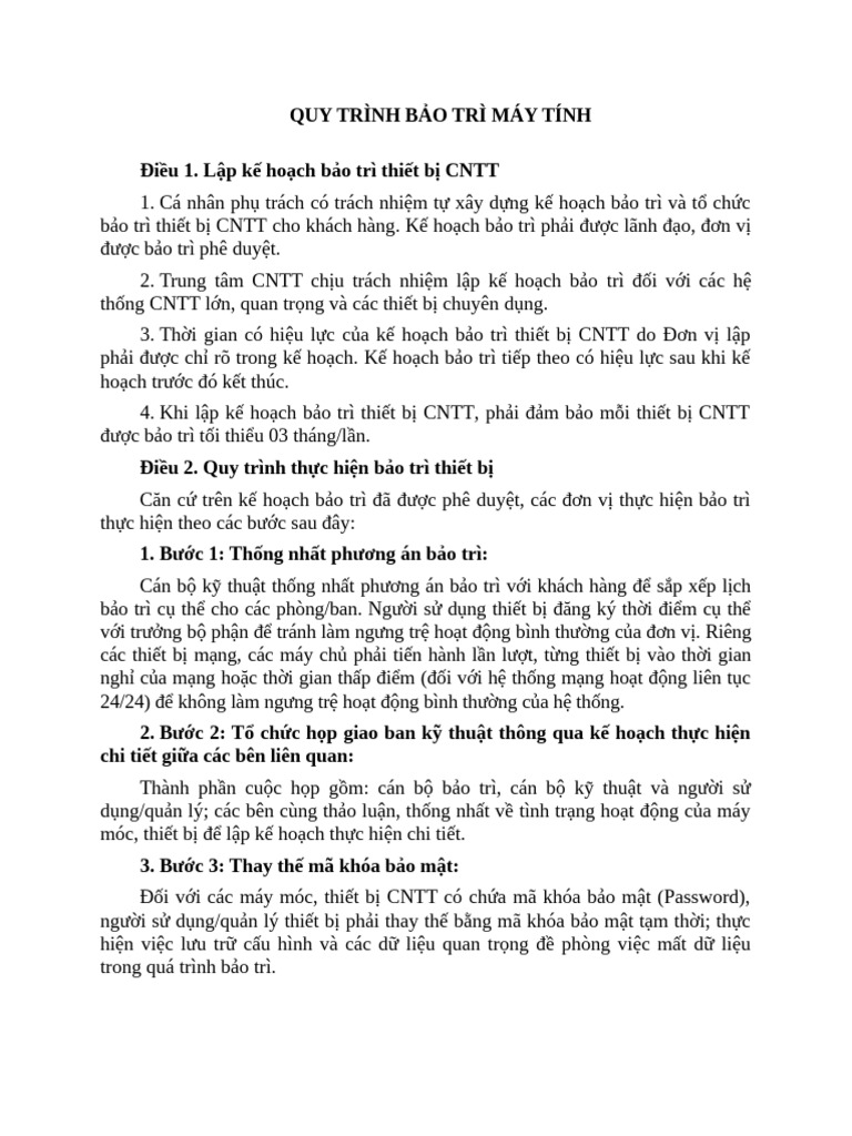 Quy Định Và Quy Trình Bảo Dưỡng Thiết Bị Tin Học Techsi | PDF