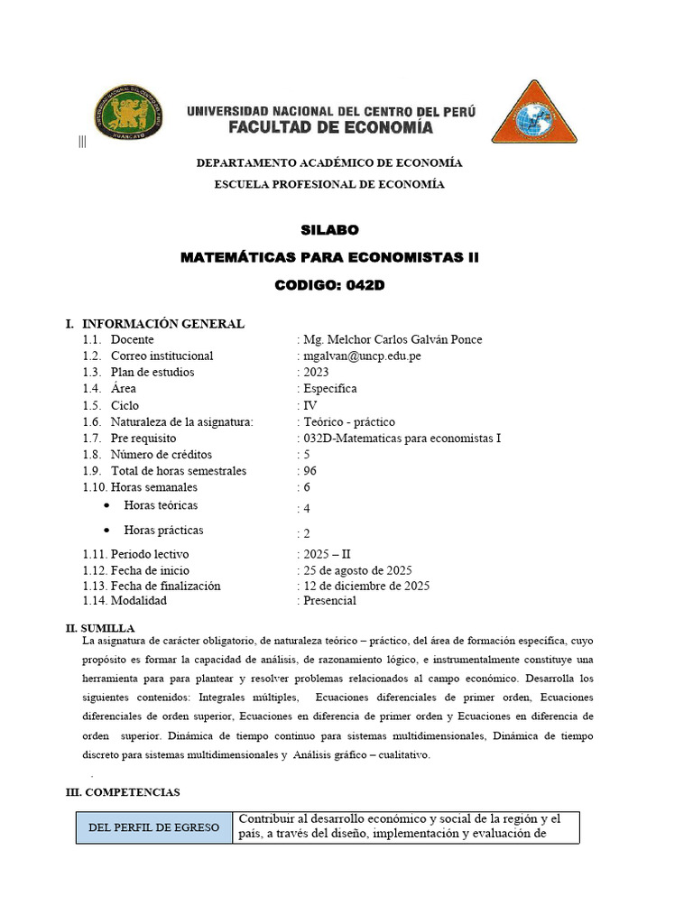 Matemáticas para Economistas II: Silabo 2025 | PDF | Ecuaciones ...