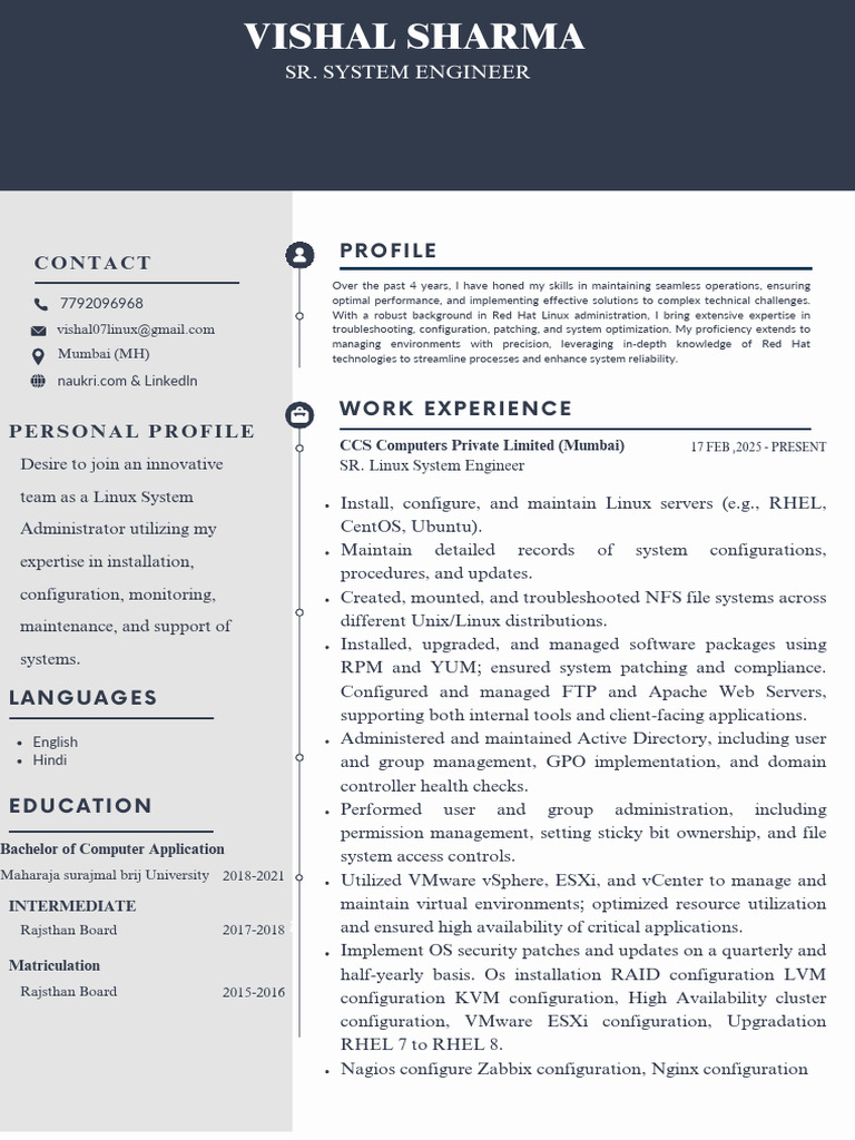 Linux System Administrator Resume | PDF | Linux | Operating System