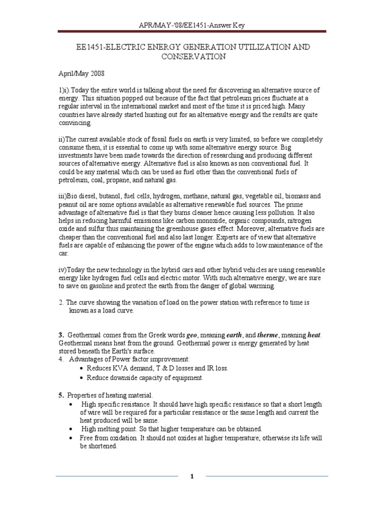 Ee1451Electric Energy Generation Utilization and Conservation PDF