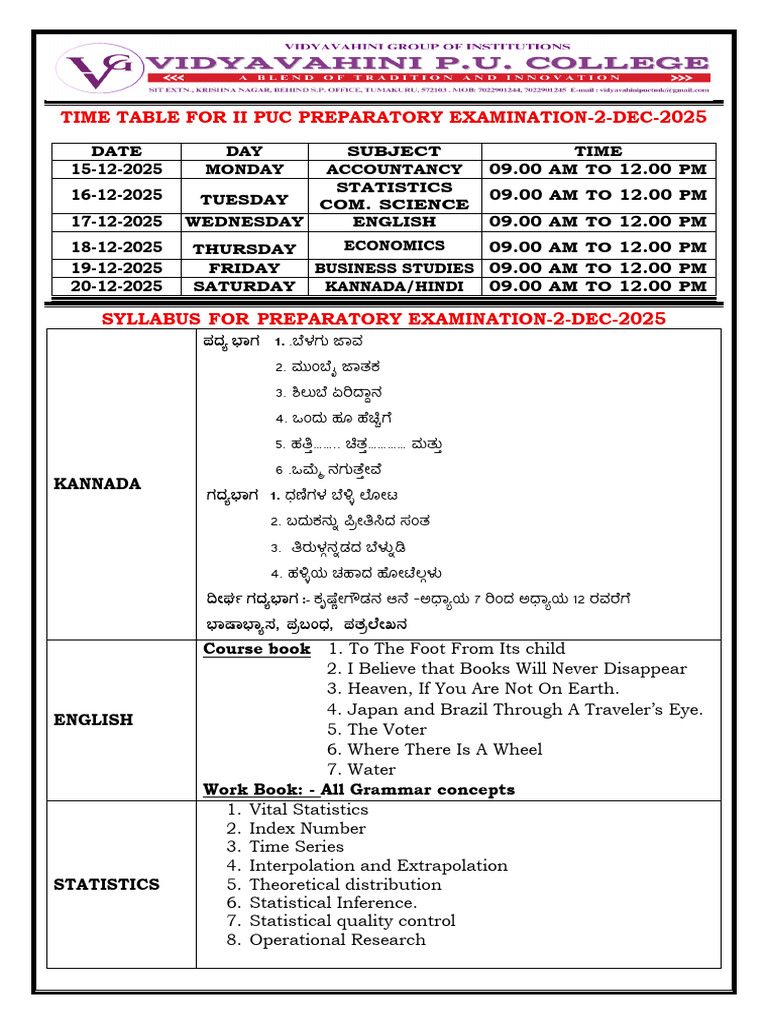 Time Table For II Puc (c3 J c4 and c5) Preparatory Examination - 2-Dec ...