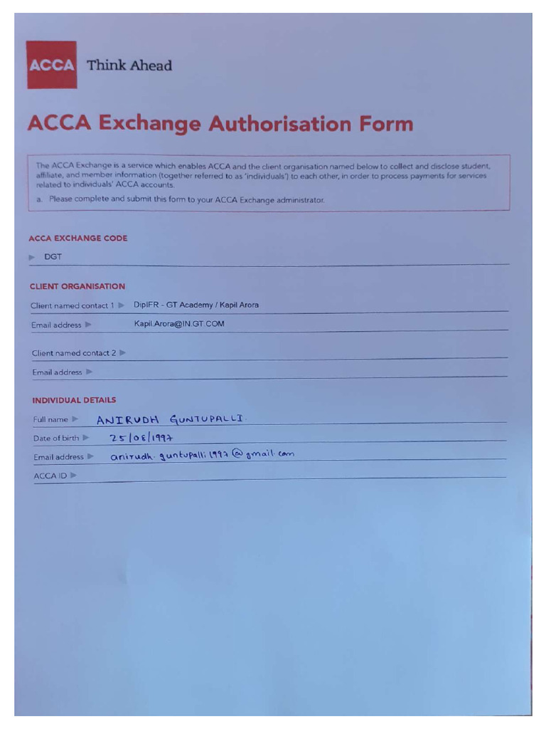 ACCA Exchange Authorisation Form - Compressed | PDF