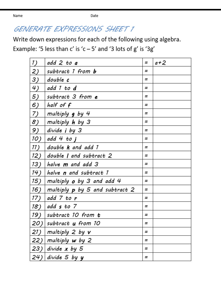 Basic Algebra Generate Expressions E | PDF