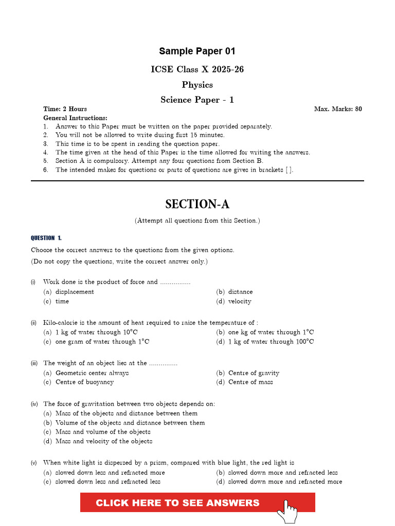 ICSE Class 10 Physics Sample Paper 2025-26 | PDF | Force | Light