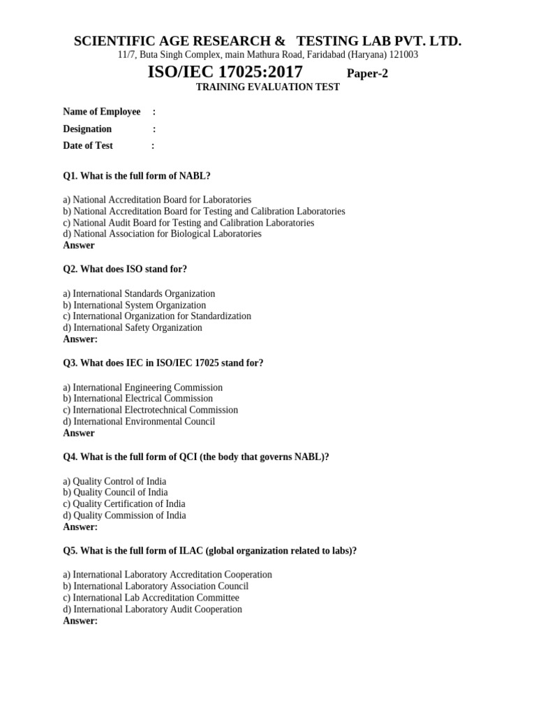 ISO/IEC 17025 Training Evaluation Test | PDF