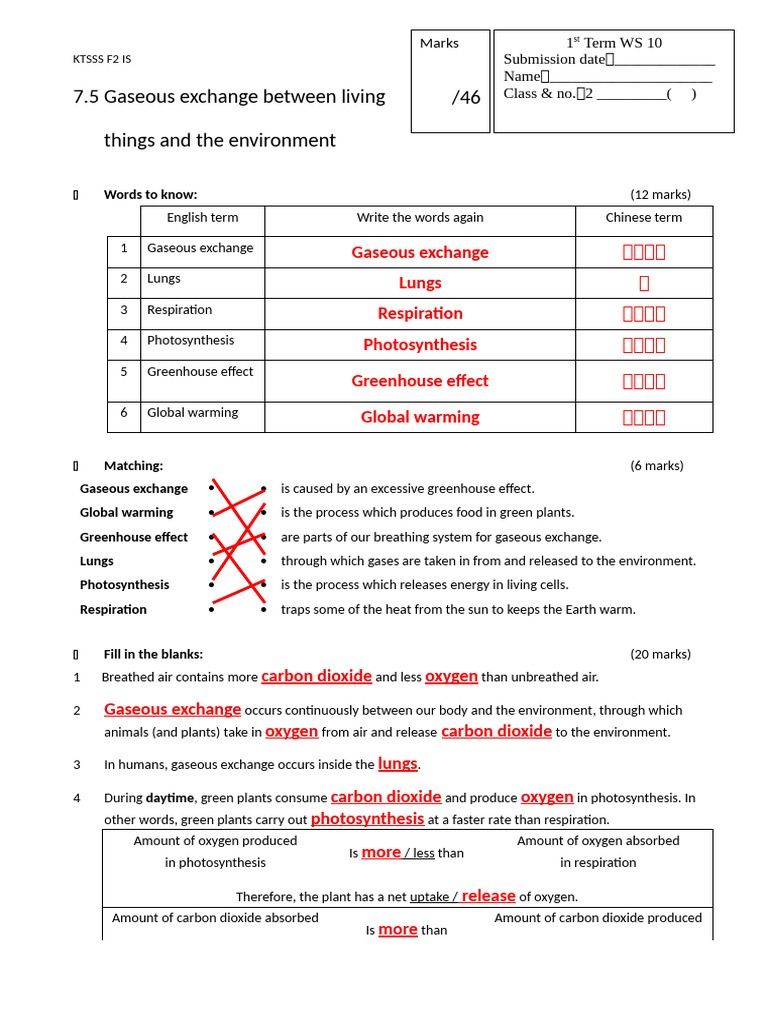 7.5 Gaseous Exchange Between Living Things and The Environment /46 ...