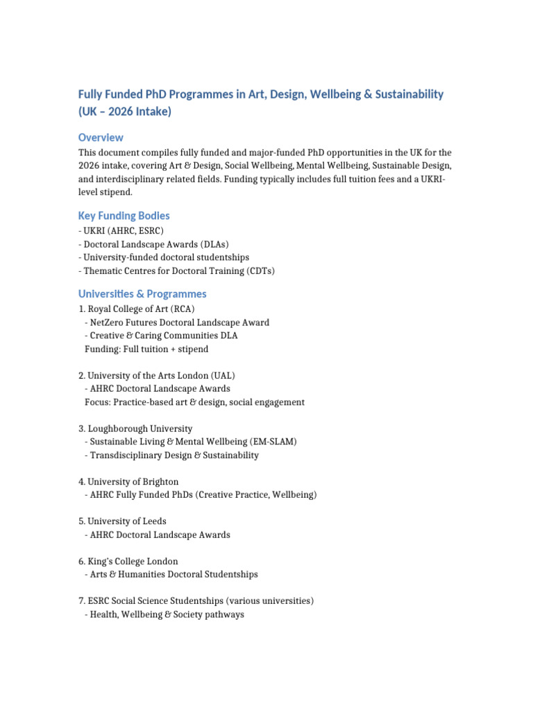 Fully Funded PhDs in Art & Design 2026 | PDF | Doctor Of Philosophy ...