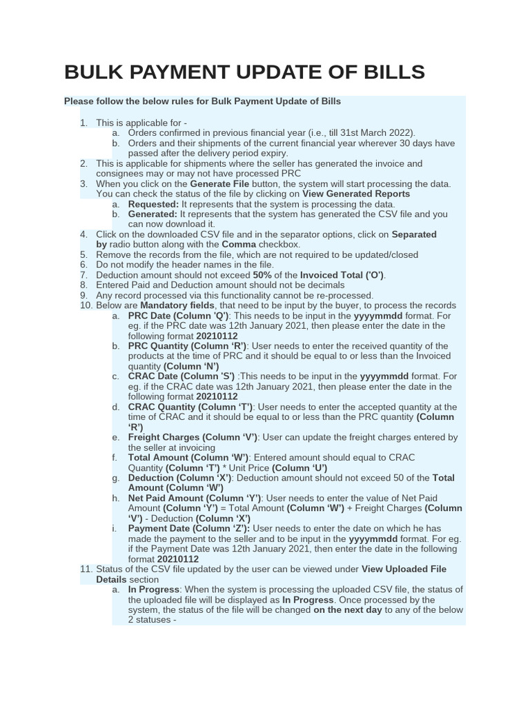 Bulk Payment Bill Update Guidelines | PDF | Invoice | Comma Separated ...