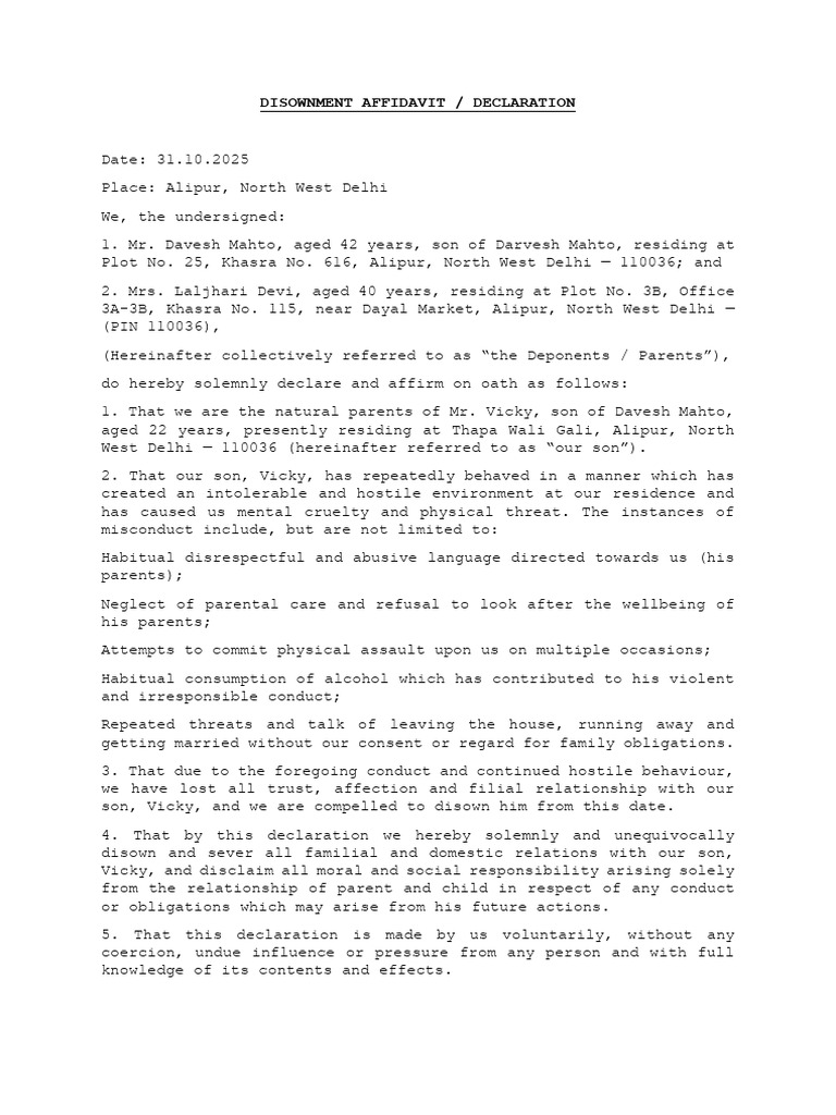 Disownment Affidavit | PDF | Affidavit | Justice