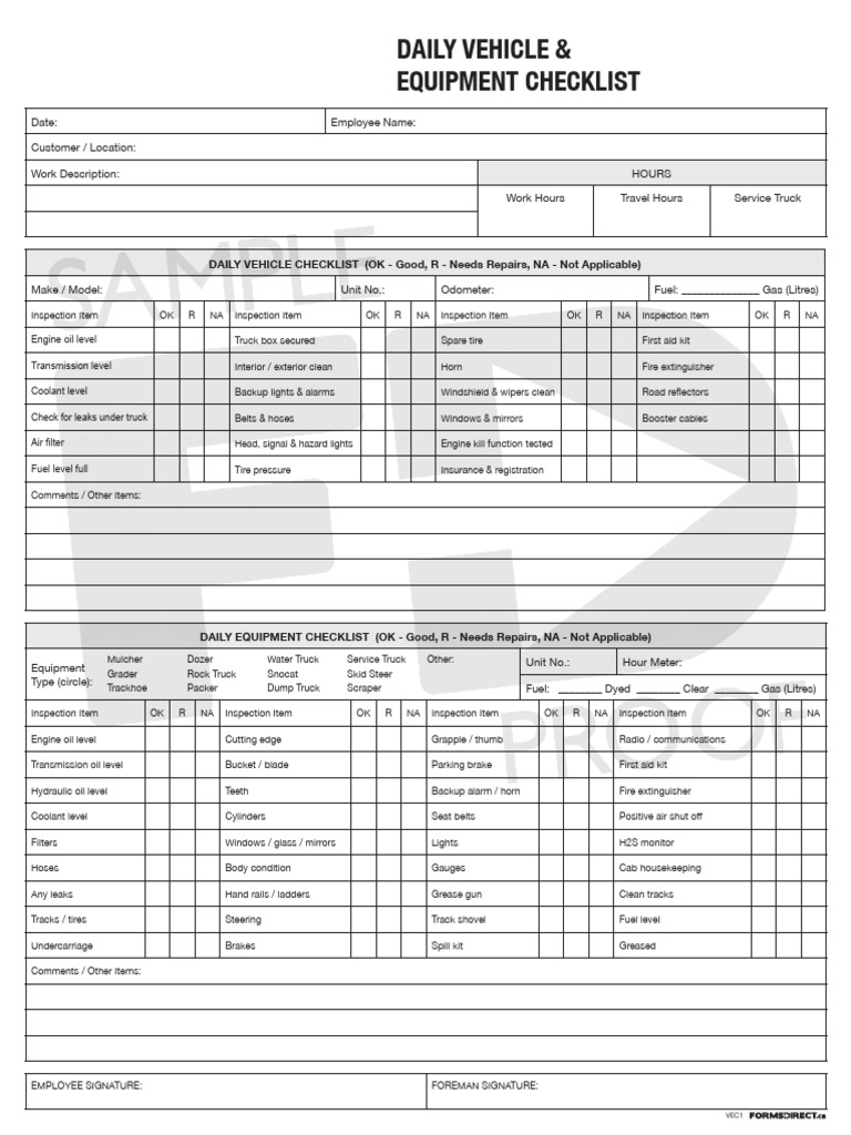 Daily Vehicle &equipment Checklist | PDF | Truck | Automotive Industry