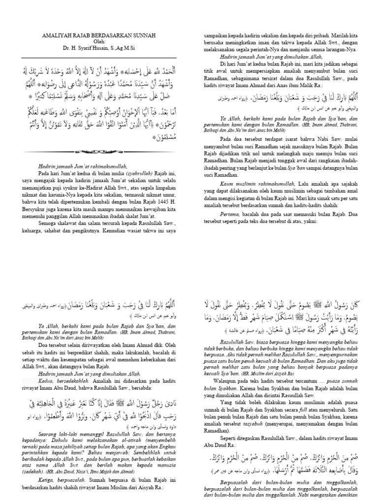 Amaliah Rajab Berdasarkan Sunnah | PDF