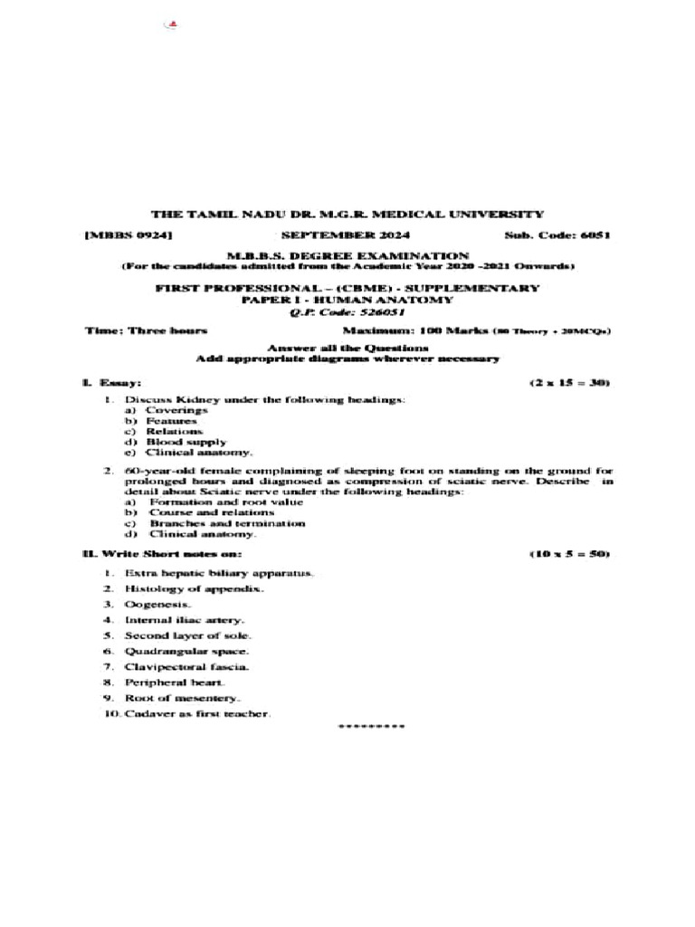 Copy of 2024 Batch First Year Question Papers | PDF | Kidney | Medical ...