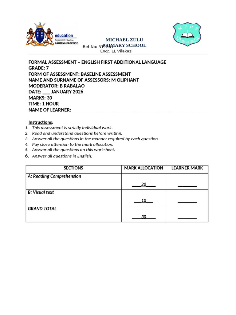 Grade 7 English Baseline Assessment | PDF