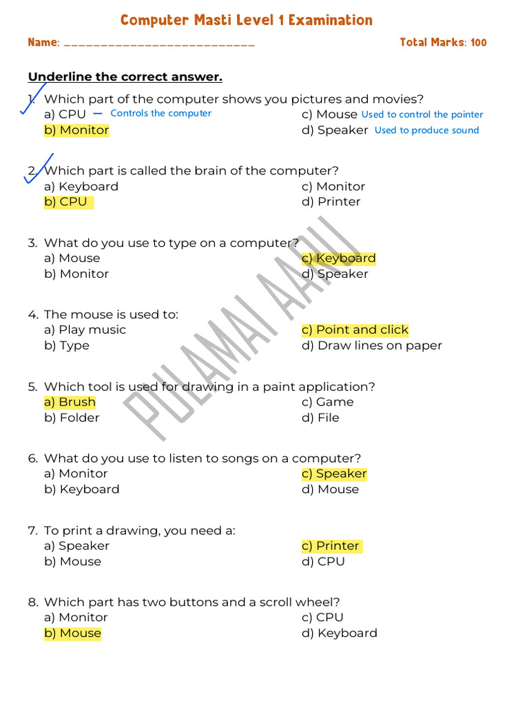 Computer Parts and Functions Quiz | PDF | Window (Computing) | Button ...