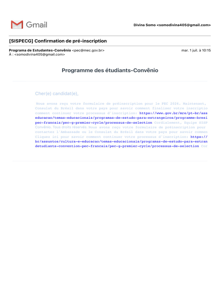 Confirmation de pré-inscription PEC 2026 | PDF