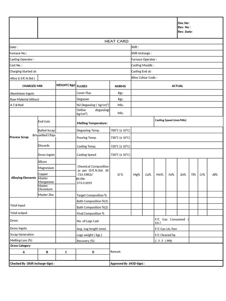 Heat Card for Aluminium Casting Process | PDF | Aluminium | Chromium
