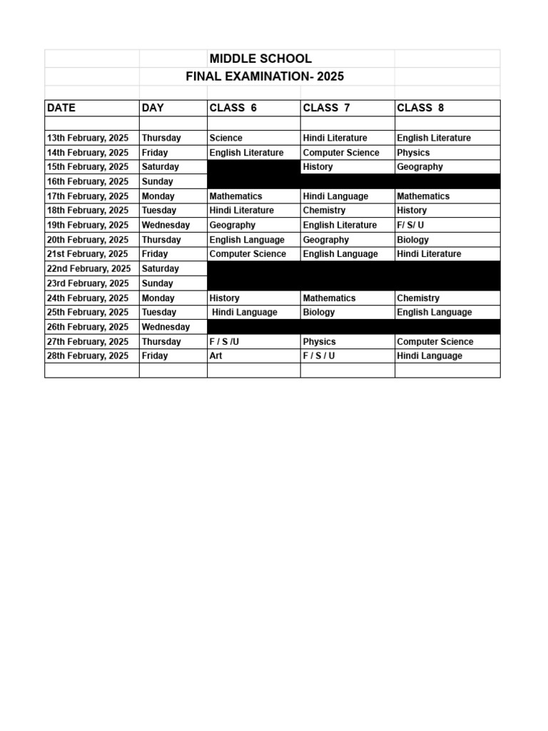 2025 Middle School Exam Schedule | PDF