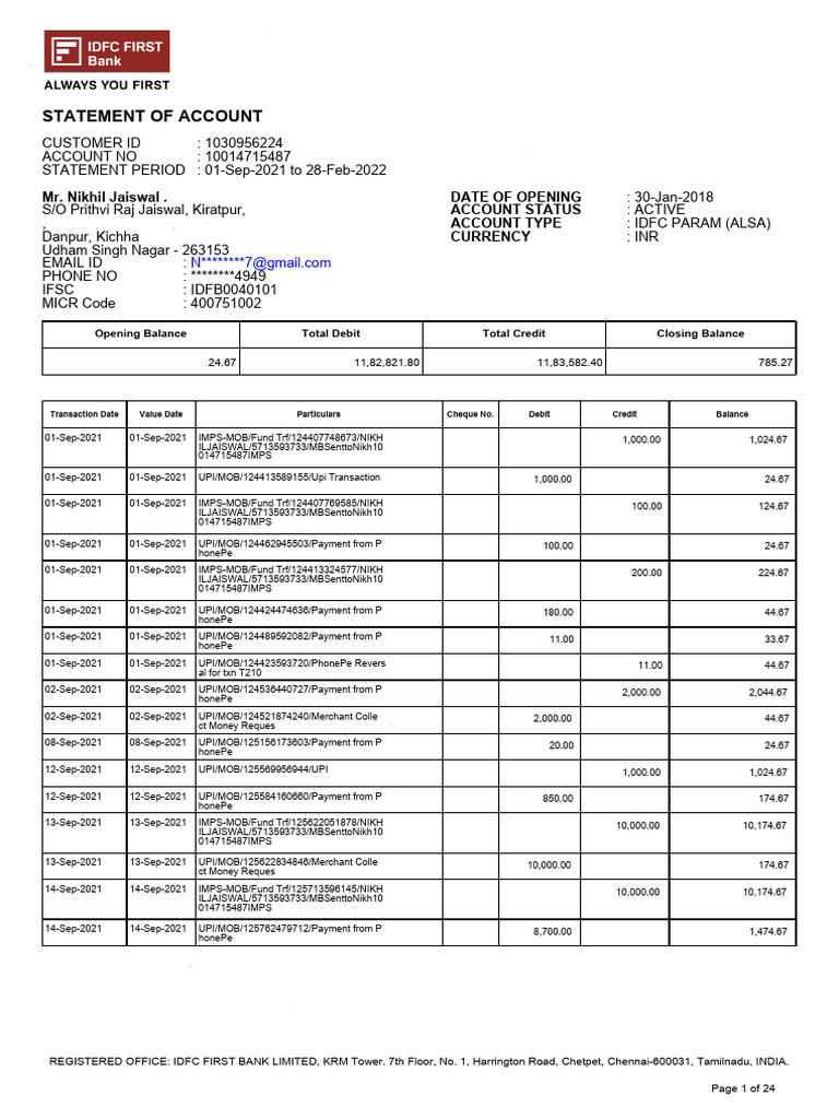 IDFCFIRSTBankstatement 10014715487 | PDF | Payments | Credit Card