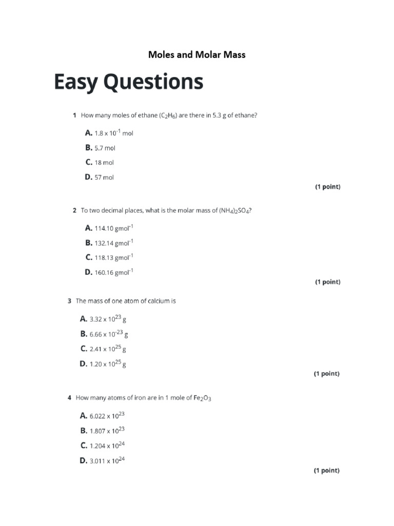 Moles and Molar Mass MCQs | PDF
