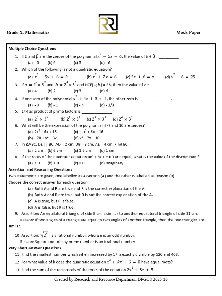 Multiple Choice Questions: Grade X: Mathematics | PDF | Quadratic ...