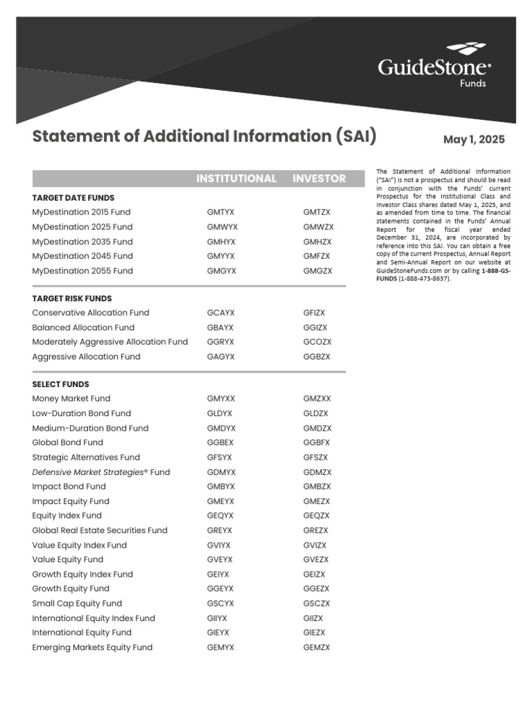 GuideStone Funds SAI Update 2025 | PDF | Investment Fund | Stocks
