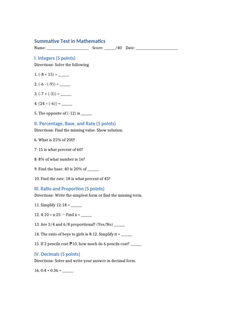 Mathematics Summative Test Guide | PDF