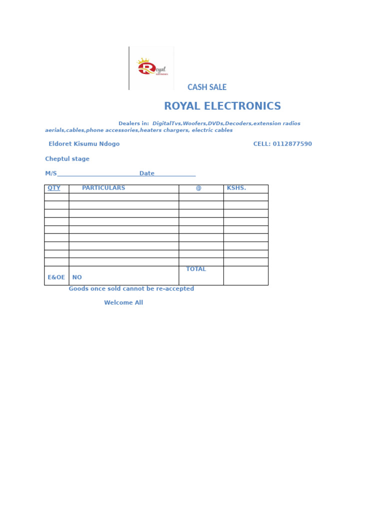 Cash Sale Invoice for Royal Electronics | PDF